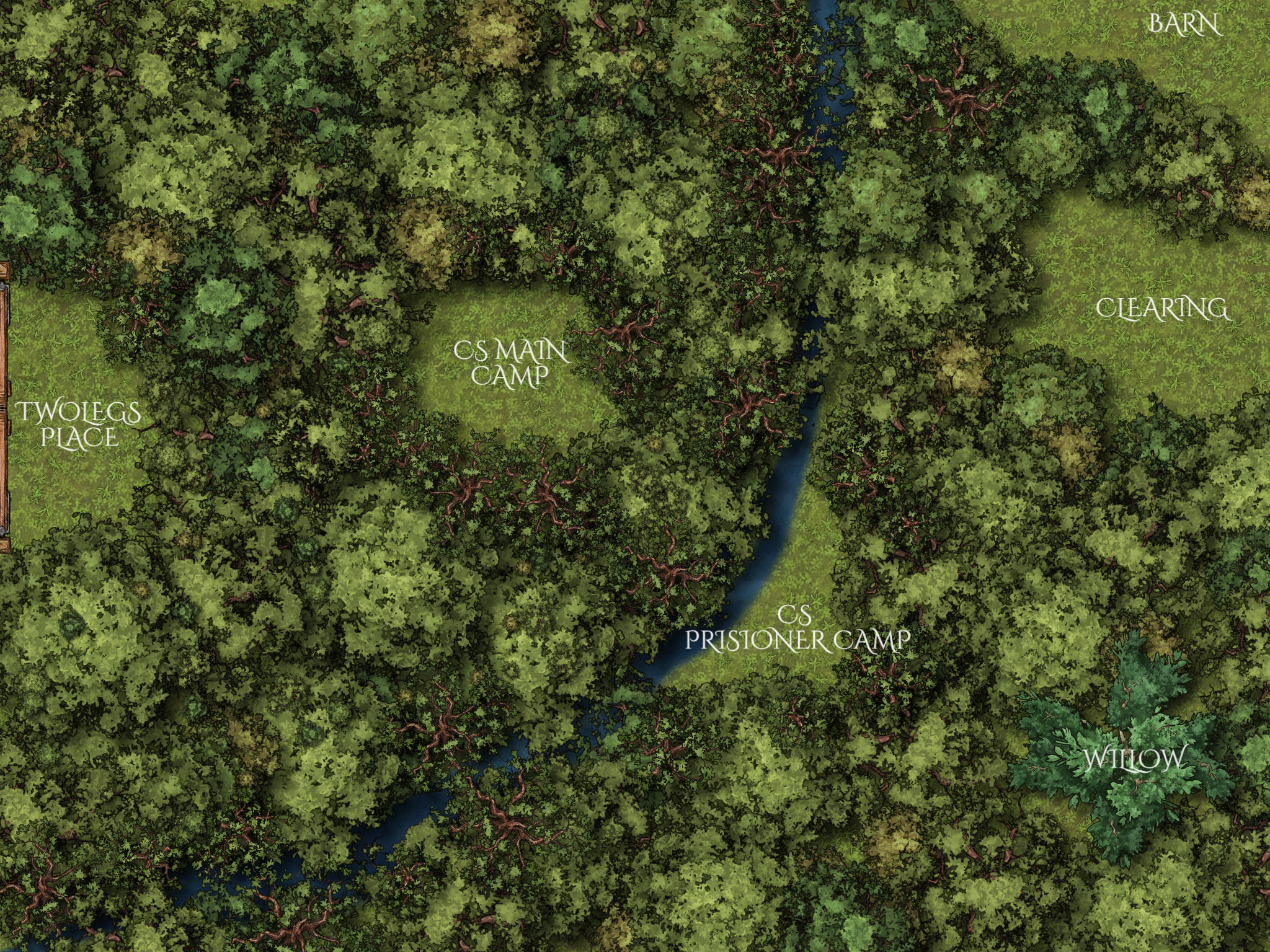Illustrated map of the FWAC forest, showing the Twolegs Place, CS Main Camp, CS Prisoner Camp, the Barn, the Clearing and the Willow, divided by a winding river.